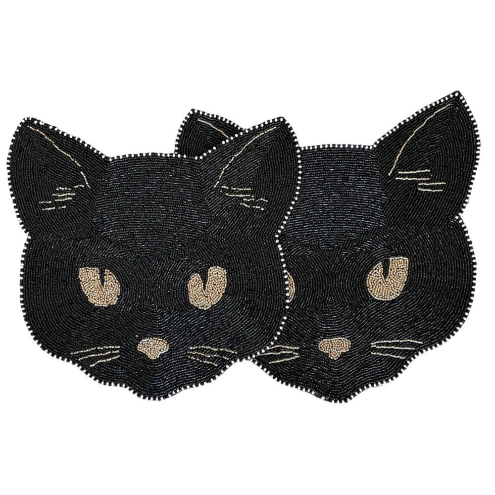 2pc BLACK CAT Beaded Placemat 14" Spooky Halloween Decor CHRISTIAN LACROIX New